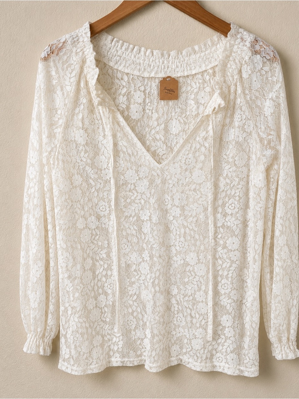 New Sheer Floral Lace V-Neck Blouse - Cream